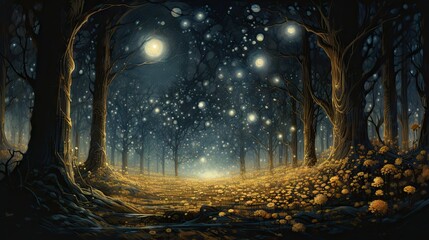 a painting of a night in a forest with a full moon.  generative ai