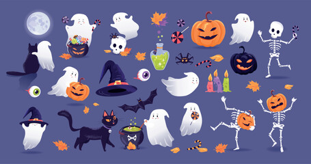 Funny colorful Halloween characters, ghosts, skeletons, pumpkins, cat, bat, magical party decoration