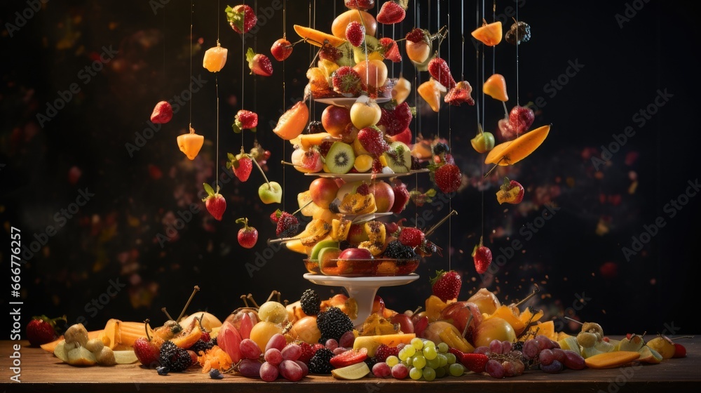 Poster a tower of fruit is suspended by strings of fruit on a table. generative ai