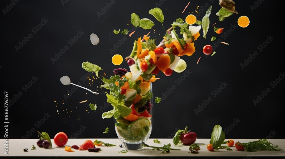 Poster a vase filled with lots of different types of vegetables flying out of it. generative ai