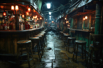 Cozy and atmospheric bar at night with a row of bar stools. - obrazy, fototapety, plakaty
