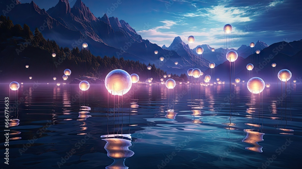 Poster a group of floating lanterns floating on top of a lake. generative ai