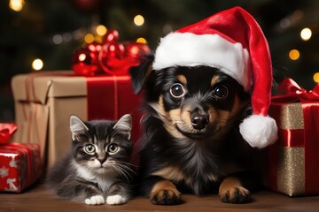 A puppy in a Santa hat and a kitten against the background of Christmas gifts and a Christmas tree