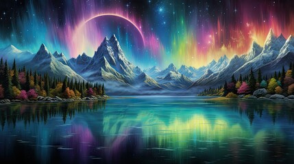  a painting of mountains and a lake with a rainbow colored sky.  generative ai