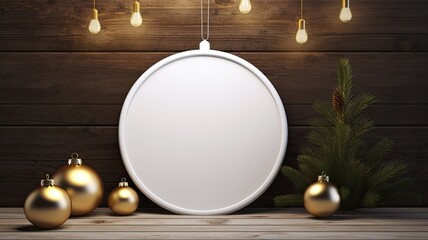 a blank, flat, round white ornament, designed with a hanging hole and a gleaming gold-toned string, expertly situated against a background of white distressed wood enveloped by lush pine branches.