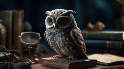 Owl sculpture sitting on a book with books and glasses in the background. Education Concept. Background with a copy space.