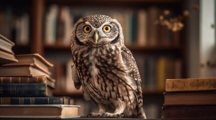 Little owl sitting on a bookshelf in a library. Education Concept. Background with a copy space.