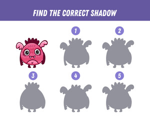 Find correct shadow of cute pink monster. Educational logical game for kids. Halloween game. Cartoon monster. Vector illustration