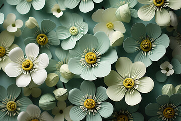 Fototapeta premium A bunch of white, yellow and green flowers. Green floral background.