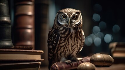 Little owl and books on a background of the night city lights. Education Concept. Background with a copy space.