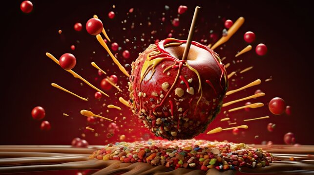  a red apple with sprinkles and candy on it.  generative ai