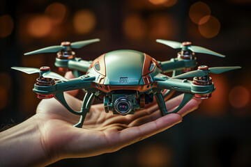 Hands holding a small model of drone
