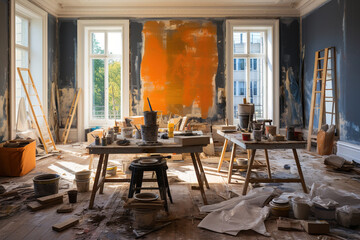 Fototapeta na wymiar Messy living room under renovation, repainting and painting the walls.