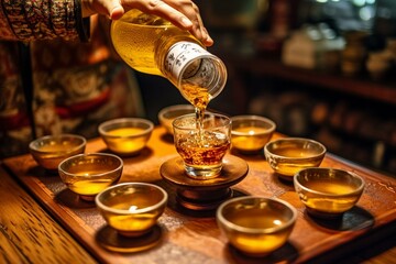 pouring traditional Korean alcoholic beverage. Generative AI