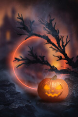 Night fantasy mountain landscape with a big moon, old tree branches, pumpkin, gloomy Halloween landscape. 3D illustration