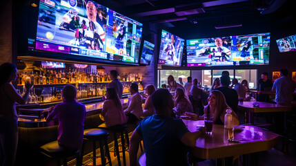 An upscale game room with a polished wooden bar high stools neon signs and a wall-mounted TV showcasing a live sports match. A group of friends cheers with their drinks in hand.