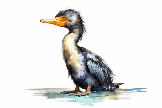 cartoon-style flightless cormorant bird on white background, cute and hand-drawn in watercolor. Generative AI