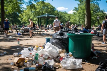 People gathering around a pile of trash in a park