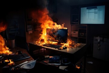 A flaming computer engulfed in flames inside a dimly lit room