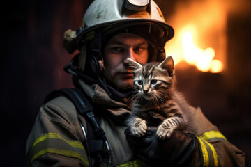 Photo of a fireman rescuing a kitten from a burning building