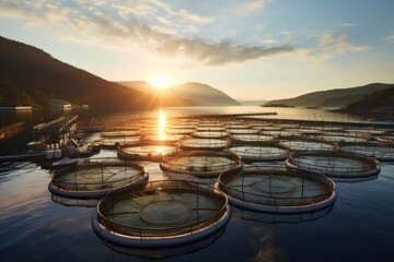 A vast array of fish cages floating on the sea, showcasing a salmon farming firm in action