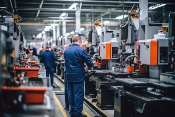 Fototapeta premium Industrial workers operating machinery in a manufacturing facility