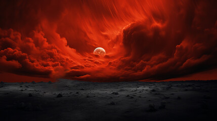 A dramatic sunset with a glowing moon in a cloudy sky