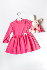 Baby fashion concept - pink dress with toy. Kids set background