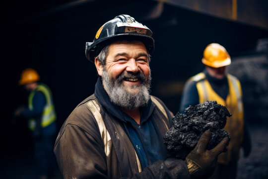 A coal miner wearing a hard hat and holding coal