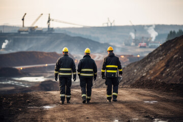 Three mining workers walking down a dirt road during a rescue mission - 666779431