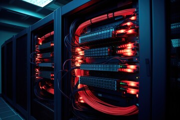 A high-tech data center filled with rows of servers
