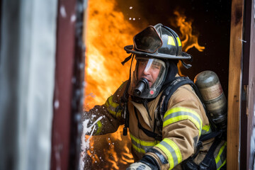 Naklejka premium Photo of a firefighter bravely fighting a raging fire with a powerful hose