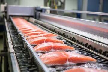 A production line of fresh salmon fillets at a fish processing factory