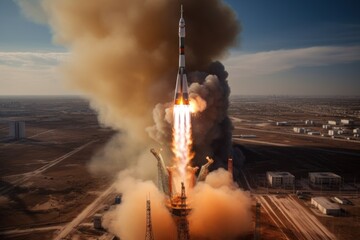 Obraz premium space launch vehicle launches from Cosmodrome, take-off sunny day, aerial view