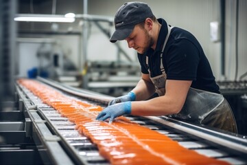 A worker operating a conveyor belt in a fish processing facility