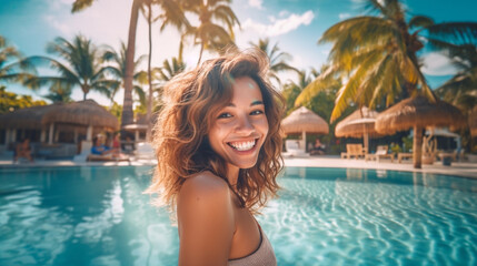 Young woman by pool, enjoying resort, smiling - obrazy, fototapety, plakaty
