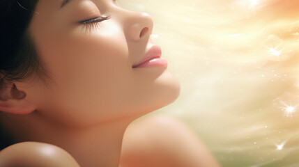 Young Asian woman in serene meditation, surrounded by nature's glow