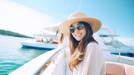 Young woman in straw hat and sunglasses, enjoying boat outing with friends