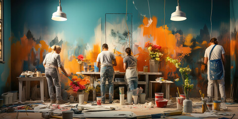 A family is repainting and renovating a room together. - obrazy, fototapety, plakaty