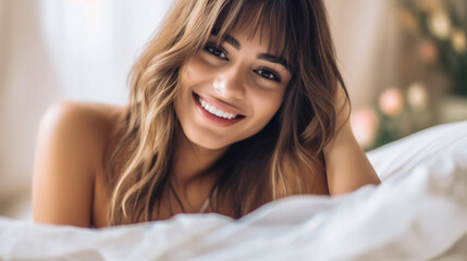Obraz premium Young, inviting Hispanic woman on hotel bed, relaxed and content