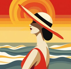 Vector art illustration a woman wearing a hat at the beach, poster, art deco