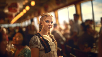 Young, pretty blonde in traditional Bavarian dress, smiling in lively crowd