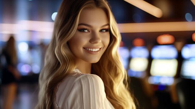Young blonde woman in white shirt, smiling amid casino slot machines