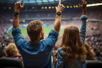 A man and a little girl sitting in a stadium supporting the team players. - obrazy, fototapety, plakaty