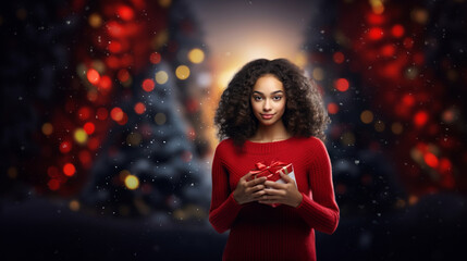 Young African-American woman in festive red sweater with heart-shaped gift, exuding joy amid Christmas lights.