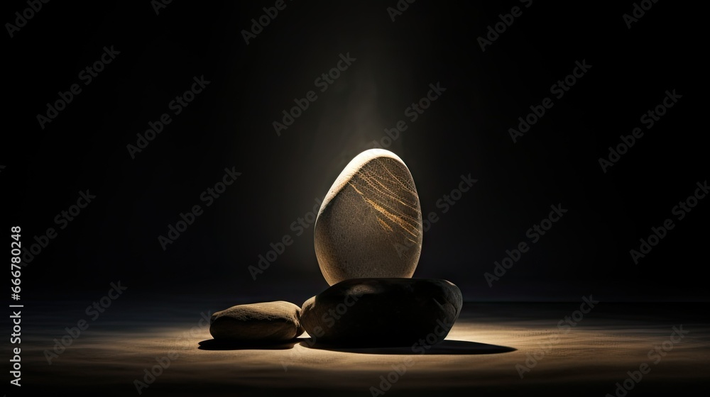 Poster a rock and a stone on a dark surface with a light coming from behind it. generative ai