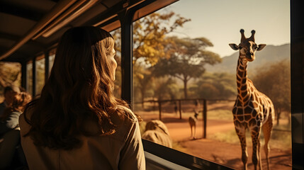 point of view shot a couple in a safari vehicle looking at giraffe - obrazy, fototapety, plakaty