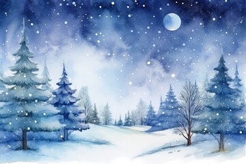 christmas winter forests in a watercolor scene, new year landscape