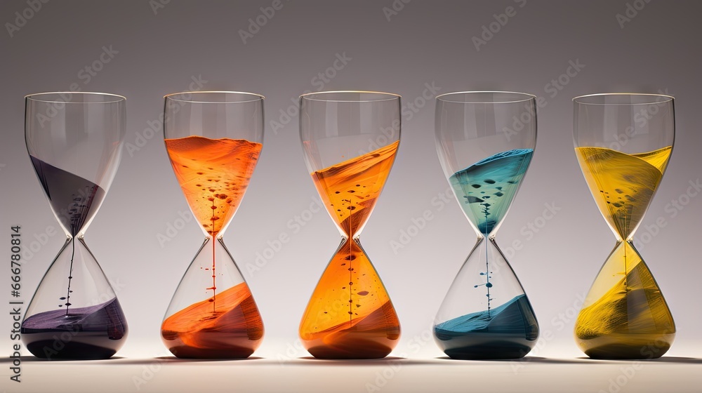 Poster a row of different colored sandglasses sitting on top of a table. generative ai