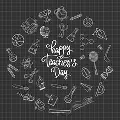 Happy Teachers Day Lettering and freehand drawing set of school items in the shape of a circle. Sketch, outline. Illustration for Teachers Day, vector